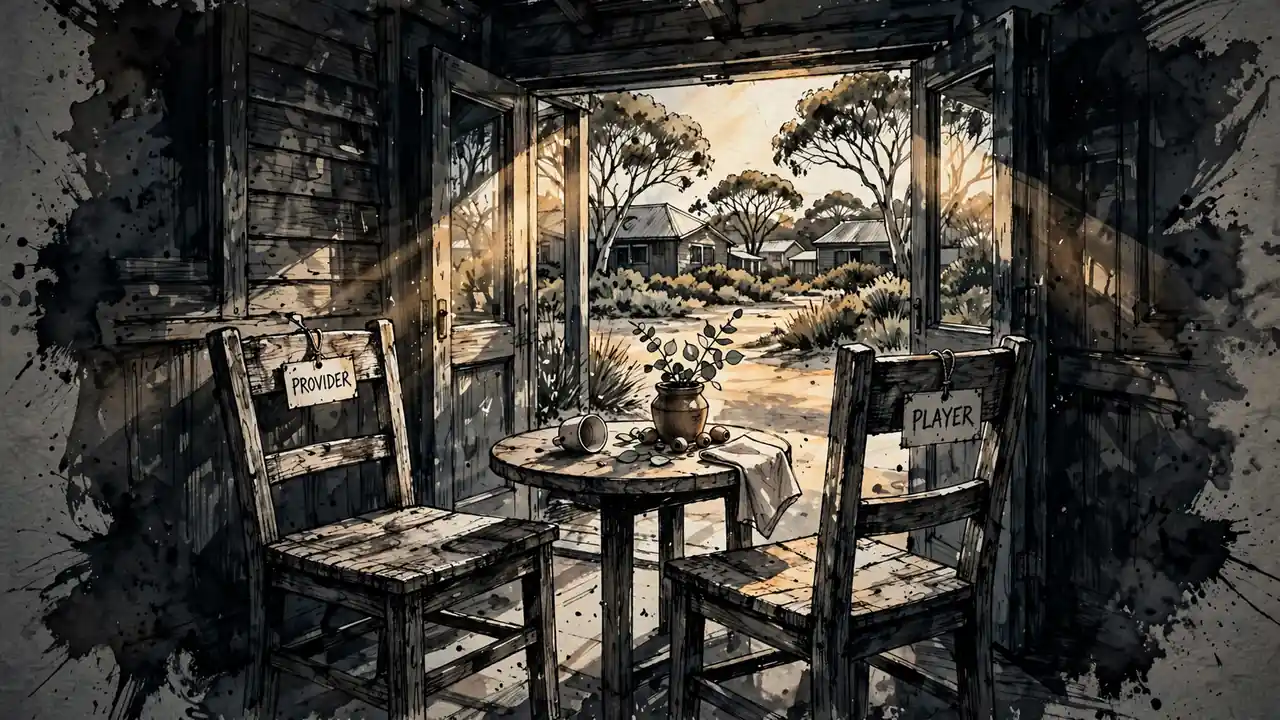 Two empty chairs across a café table representing provider and player