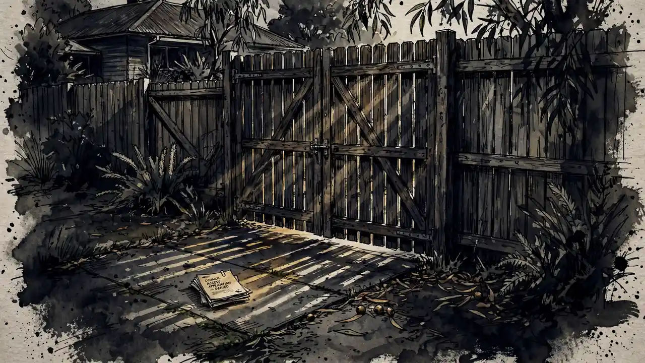 Closed wooden gate filtering sunlight in an Australian backyard