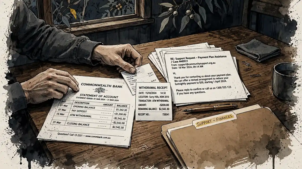 Hands organising bank statements and receipts on a table